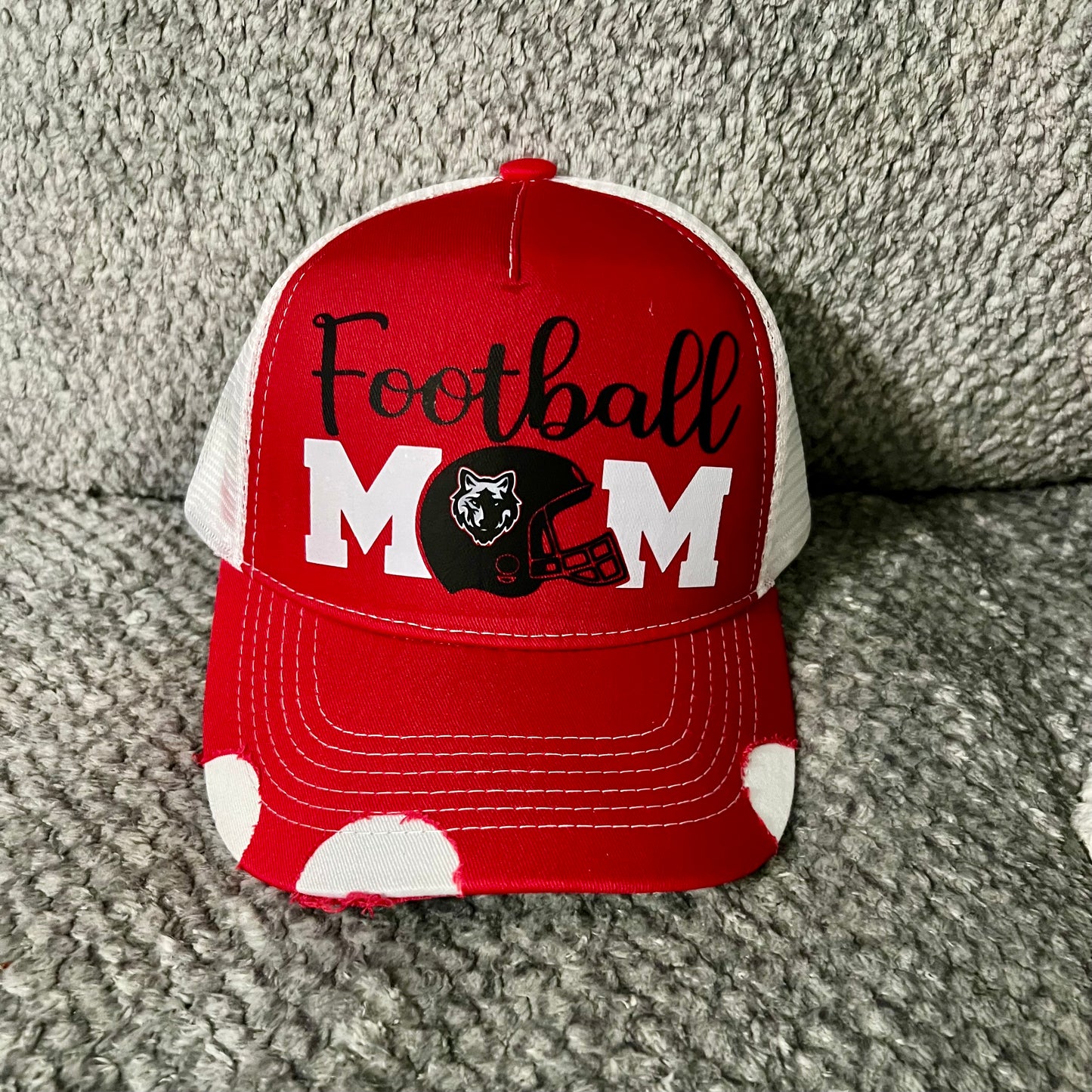 Football Mom Distressed Trucker Hat- RED